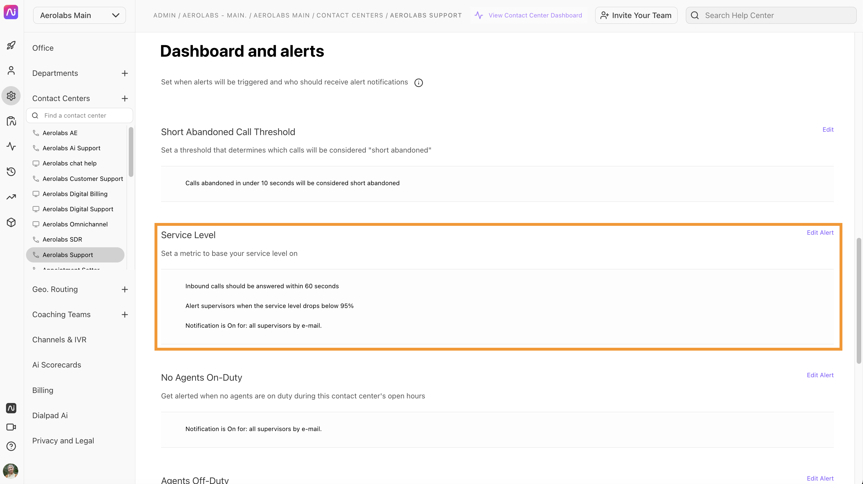 Dashboard settings for call thresholds and service level notifications in contact center management.